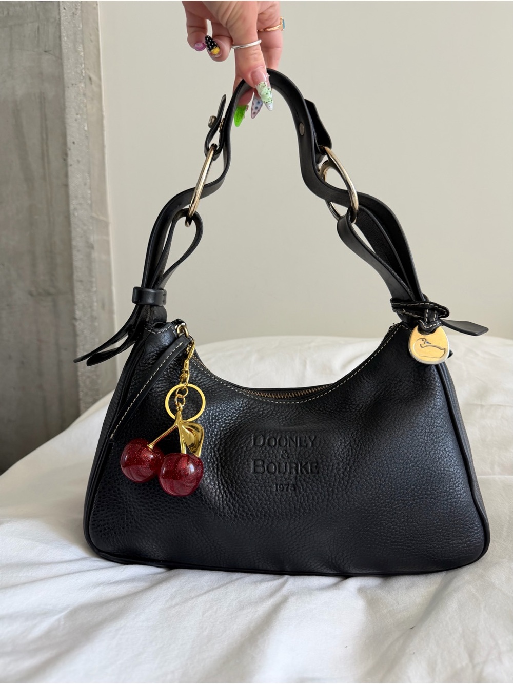 Dooney & Bourke Black Leather Shoulder Bag with Cherry Charm
